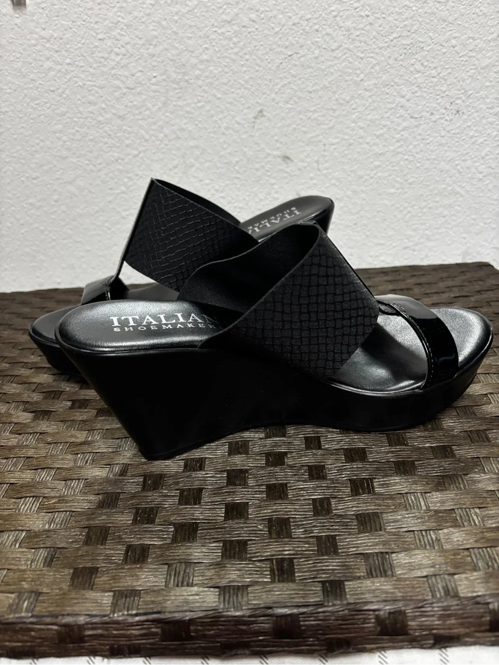 Italian Shoemakers Black Patent and Matte Platform Wedge Slides